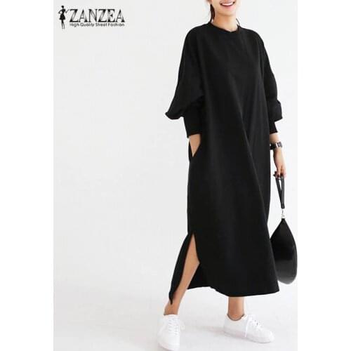 Plus Size Women Striped Dress 2021 ZANZEA Vintage Long Sleeve Maxi Long Dress Womans Split Sundress Casual Femme Baggy Robe