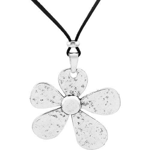 1pcs Large Hammered Charms Flower Pendant Collar Black Faux Suede Leather Rope Chain Necklace Jewelry