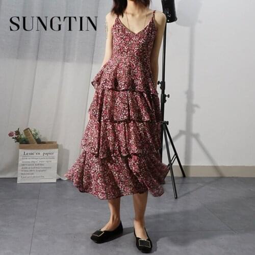 Sungtin Summer 2021 Women Dresses Korea Chic Sexy Long Floral Print Slip Dress Loose V Neck Vintage Sleeveless Vestidos De Mujer