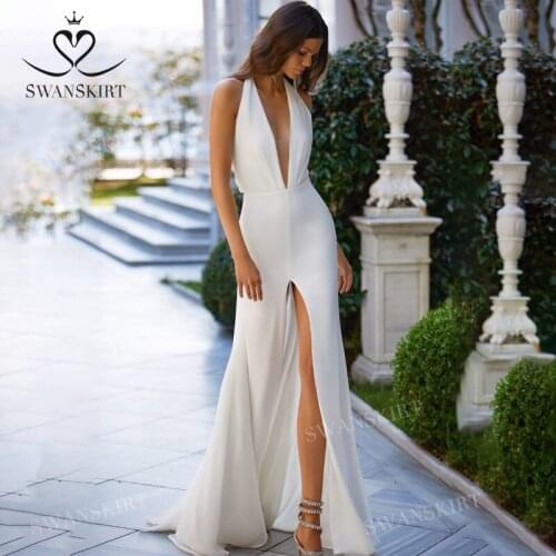 Sleeveless Mermaid Wedding Dress 2021 V-neck Open Back Split Bridal Gown Princess SwanSarah M067 Plus Size Vestido De Novia