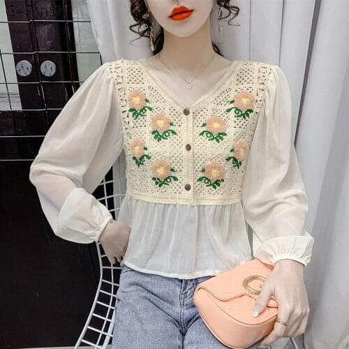 2021 New Summer Autumn Shirts Fashion Long Sleeve Flormal Lace Chiffon Shirts Tops Elegant Female Korean Style Casual Blouse