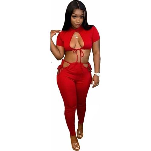 Women Fitness Two Piece Club Outfits Front Hollow Short Sleeve T-shirts and Side Hollow Out Pencil Legging Workout Sport Suits