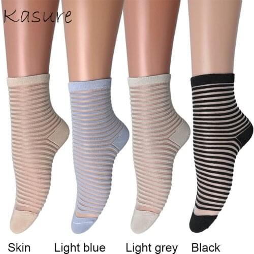 KASURE Woman Stripe Pattern Tulle Short Socks Spring Summer Cool Haarjuku Style Mesh Ankle Thin Sock For Ladies