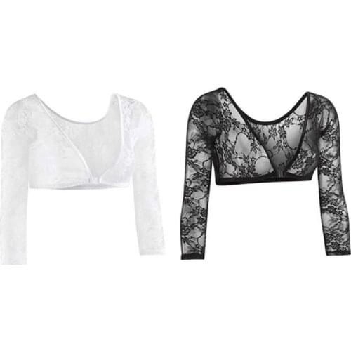 Womens Womens Plus Size Seamless Arm Shaper See Through Floral Lace Mesh Short Crop Top 3/4 Sleeves Deep V-Neck Cardigan Slip-On