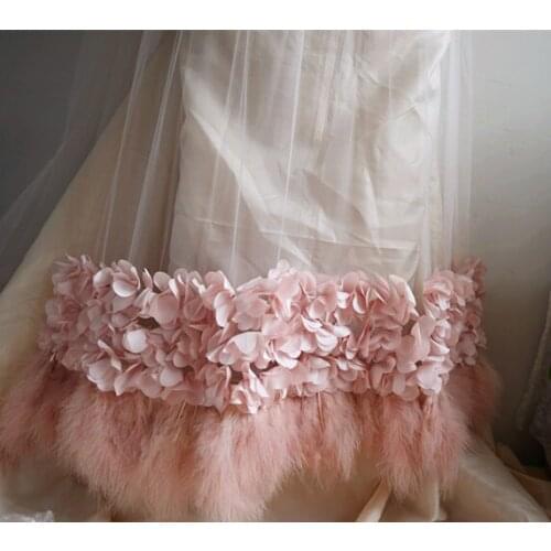 1 yard pink beautiful bridal lace fabric with 3D floral and feathers, dark red 3D floral fabric for costumes accessories