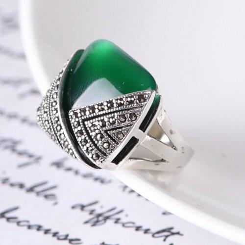 2021 fashion Simple Square Green Agate Silver Woman Ring Inlaid Stone S925 Silver Jewelry
