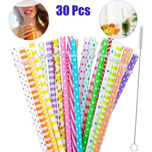 30 Pcs Reusable Plastic Straws BPA-Free Colorful Printing Hard Platic Stripe Drinking Family Party with Cleaning Brush 9" 23cm