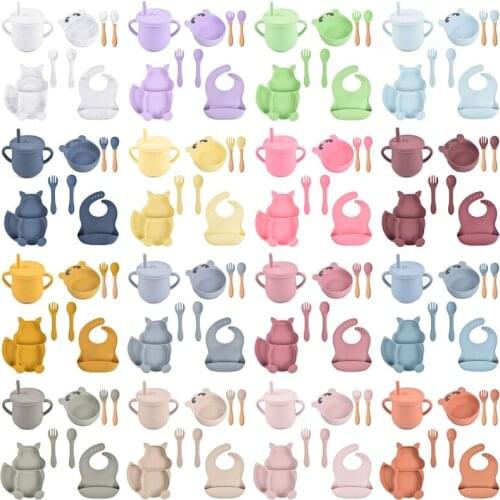 8 Pcs Baby Silicone Bib Divided Dinner Plate Sucker Bowl Spoon Fork Straw Cup Set Training Feeding Food Utensil Dishes Kit A2UB