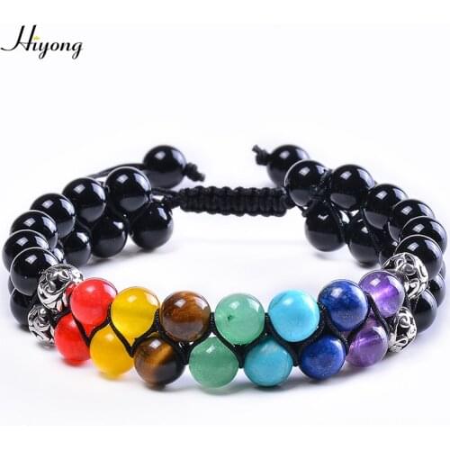 HIYONG 7 Chakra Bracelet Adjustable Natural Stone Beads Bracelet Double Layer Black Matte Agates Yoga Bracelets Charm Jewelry