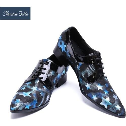Christia Bella Brand Mens Shoes Lace up High Heels Business Style Oxfords Printing Wedding and Party Flats Shoes Stage Outfit