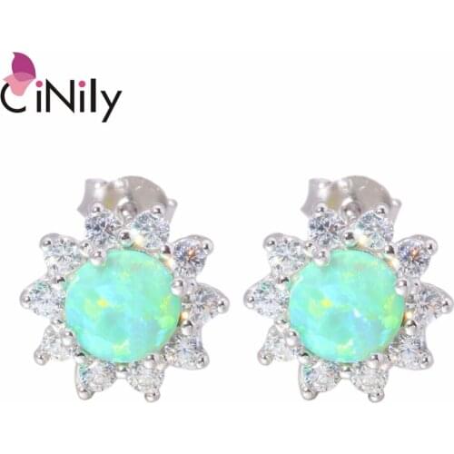 CiNily Solid 925 Sterling Silver Green & White Round Opal Daisy Stud Earrings Sunflower Helianthus CZ Crystal Stone Jewelry Girl