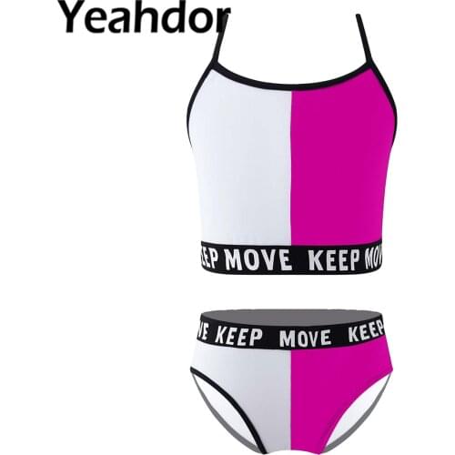 Kids Girls Swimwear Swimming Suit Adjustable Straps Symmetrical Color Contrast Crop Tops and Briefs Set Beach Bathing Rashguard
