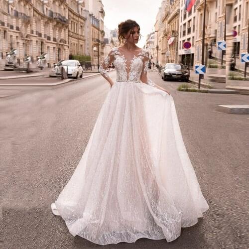 Robe longue femme Applique Lace Beaded A-line Wedding Dress Long Sleeve Sashes Blingbling Sequin Wedding Gowns vestido de noiva