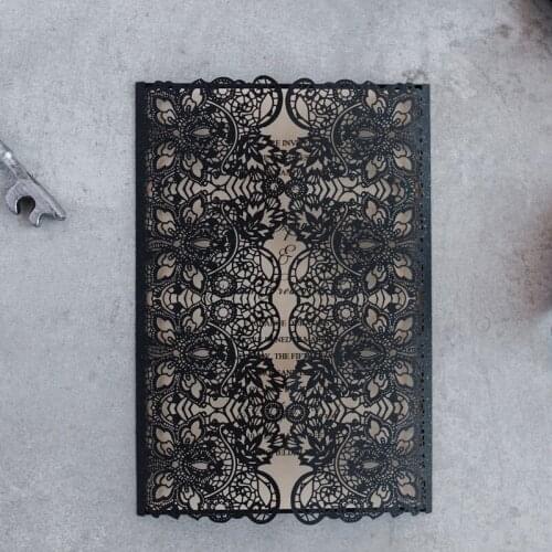 Lace Delight - Black Laser Cut Wrap With Lace Details And Pale Gold Shimmer Classic Invitation