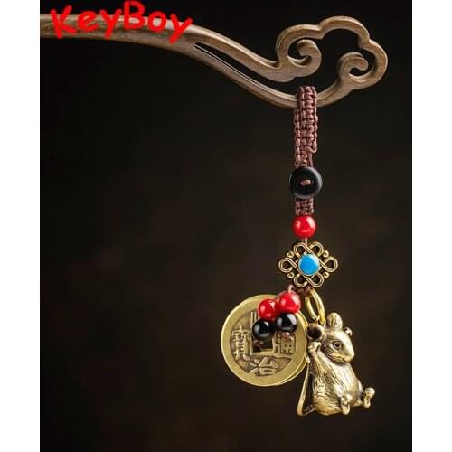 Brass Animal Flying Mouse Keychains Lanyard Pendants Handmade Rope Chinese Five Emperors Coins Feng Shui Hanging Lucky Trinkets