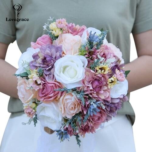 Lovegrace Bride Bouquet Wedding Rose Flower Pink Blue Bohemian Romantic Flower Bouquet Artificial Silk Dahlia Wedding Bouquets