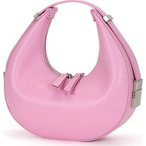 Cute Pink Handbags for Women Party Underarm Bag Genuine Leather Small Shoulder Bags Ladies Half Moon Clutches Bolso Mujer