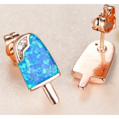 Cute Female Crystal Small Stud Earrings Vintage Rose Gold Color Wedding Earrings Trendy Ice Cream Blue Opal Earrings For Women