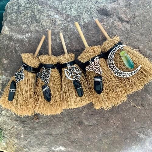 Mini witch broom Witchcraft accessories raw crystal witchcraft altar broom necklace pendant pentagram exorcism car decoration