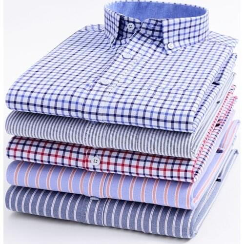 Mens Striped Plaid Oxford Long Sleeve Shirt Spinning Casual Comfortable Breathable Collar Button Design Slim Male Business Dress