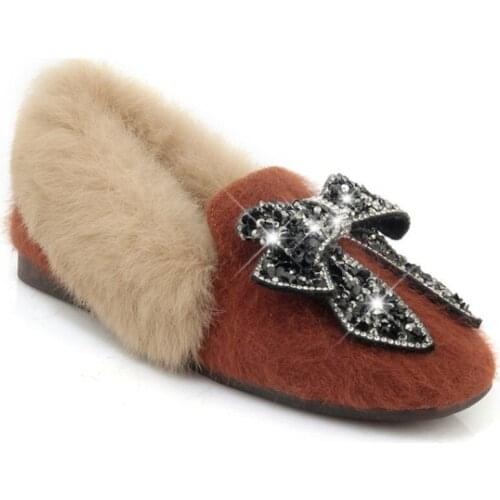 OLOMLB Womens Round Toe Rhinestones Crystal Bowtie Real Rabbbit Fur Furry Flats Loafers Bowknot Slip On Shoes Plus Size 3Colors