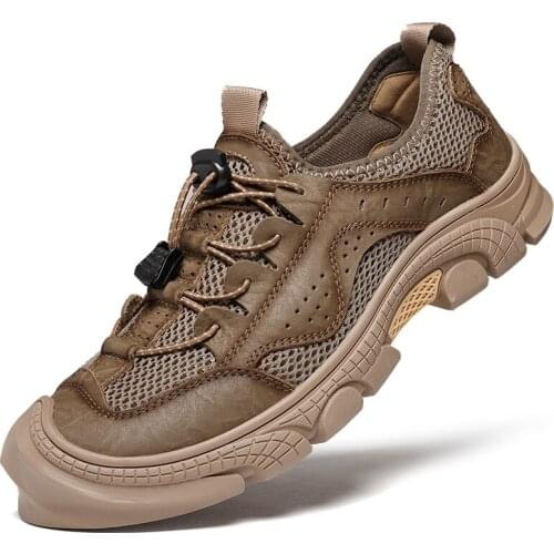 Sandals For Men Outdoor Leather Mesh Summer Trekking Walking Beach Casual Shoes Breathable Hard-Wearing High Quality