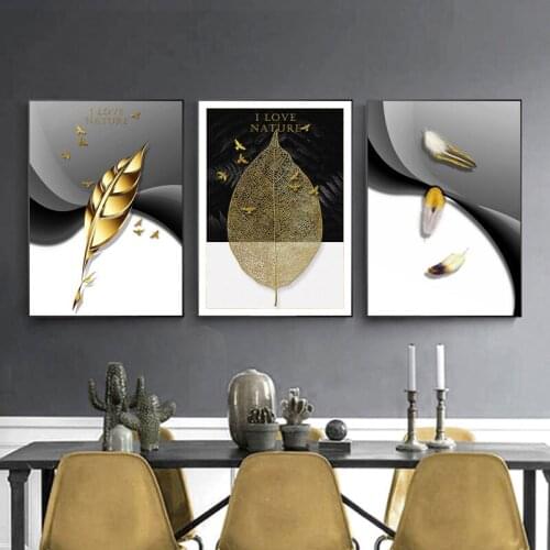 Morden Abstract Wall Art Golden Plant Leaves and Feathers Posters and Prints Wall Pictures for Living Room Canvas Painting