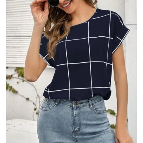 Oversize Female Tops Women Short Sleeve Summer New Plaid Printed Round Neck Office Vintage Loose Leisure Casual Pullover Elegant