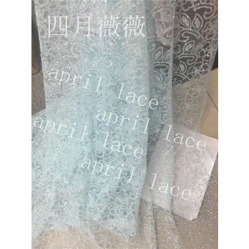 Stock ap2055 # 5 yards water blue sexy good quality hand print glued glitter net tulle mesh sugar lace fabric for sawing dress