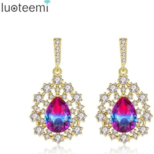 LUOTEEMI Brand Vintage Oval Hollow Drop Dangle Earrings for Women Wedding Gradient/Blue Teardrop CZ Gold Color Fashion Jewelry