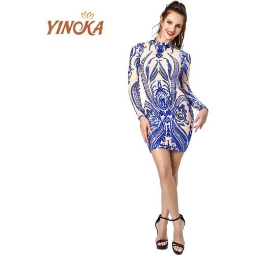 Yinoka Bandage dress long sleeve women party wear sexy prom evening high neck retro bodycon dressing