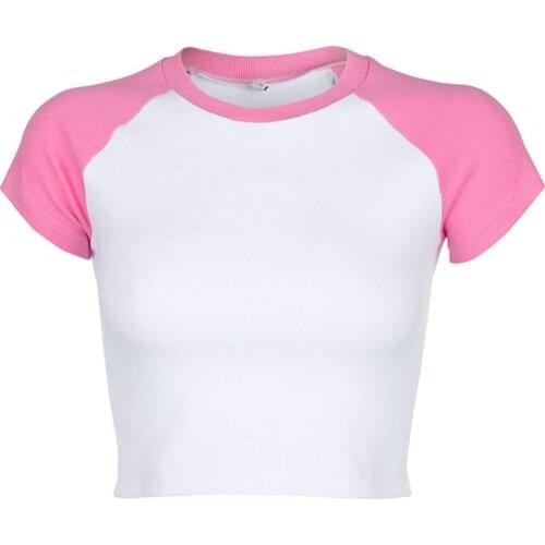 Women Summer Raglan Short Sleeve T-Shirt Contrast Color Bodycon O-Neck Crop Top