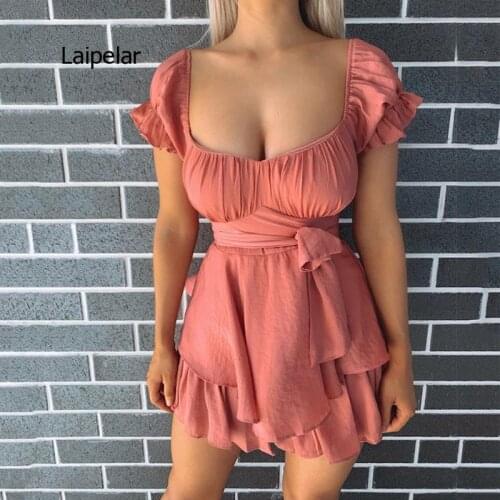 Off-Shoulder Sashes Autumn Dress for Women Short Sleeve Ruched Casual Vintage Solid Ladies Street Wear Backless Vestidos