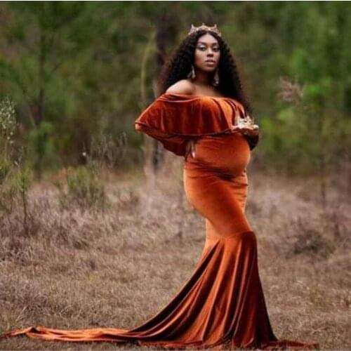 Maternity Winter Dresses Baby Showers Long Sleeve Pregnant Women Gold Velvet Maxi Gown Sexy Pregnancy Photo Shoot Props Clothes