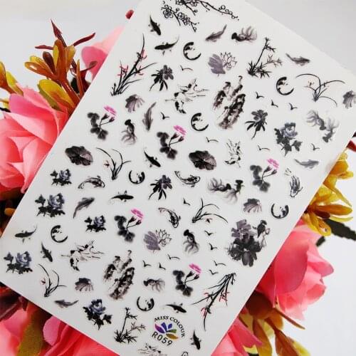 3D Art Nail Sticker Ink landscape Fly Birds Fish Self Adhesive Stickers for Nails Decoraciones foil Manicure Slider Accesorios