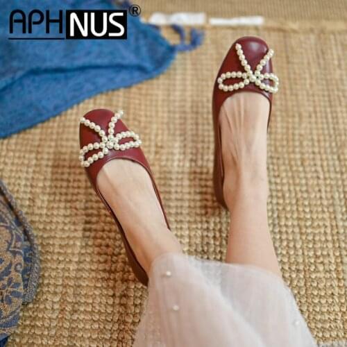APHNUS Womens Shoes Lovely Cow Leather Bowtie Beading Pearl Low Mid Heels Pumps Woman 2021 Shoes For Women New
