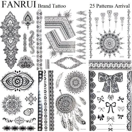 25 Style Black Lace Henna Mandala Temporary Tattoo Girls Body Arm Tattoo Stickers Dreamcatcher Hand Wrist Fake Tatto Bracelet