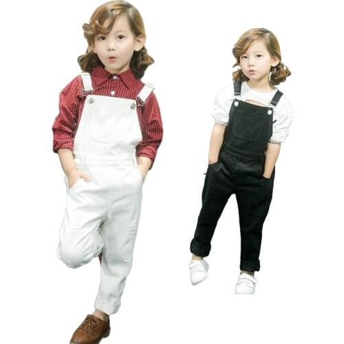 Girl Children 2021 New Kids Jeans Fashion All-Match Suspender Trousers Solid Color Rompers 3-7T Casual Straight-Leg Jeans