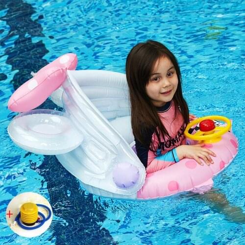 Kids Inflatable Swimming Ring Toys Water Park Inflate Circle Detachable Awning Pool Air Mattress Beach Lifebuoy Cartoon Print