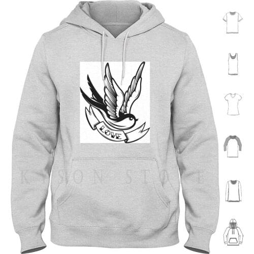 Old School Tattoo Swallow Bird Hoodie Long Sleeve Vector Graphic Symbol Retro Vintage Tattoo Style Icon White Sign