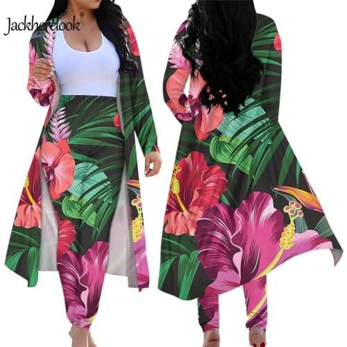 Jackherelook Hawaiian Hibiscus Tropical Floral Print Womens Fashion 2 Piece Outfits Open Front Cardigan Skinny Long Pants Mujer