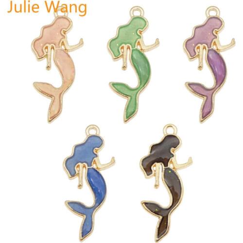 Julie Wang 5PCS Enamel Mermaid Princess Charms Multicolor Gold Tone Bracelet Necklace Alloy Jewelry Making Accessory