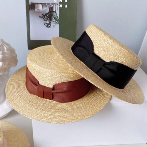 Custom Elegant Derby Summer Hat For Women Sun Protection Cap Female Flat Top Wide Brim Bowknot Nature Straw Hat Beach Sun Hats