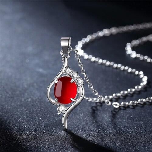 KOFSAC New Trendy Silver Color Necklaces For Women Clavicle Chain Sweet Temperament Red Agate Pendant Jewelry Lady Party Gift