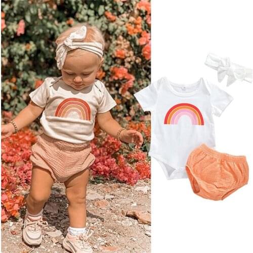 6-24M Baby Girls 3pcs Set Short Sleeve Rainbow Print Romper+Shorts+Headband Set Newborn Girls Summer Outfits