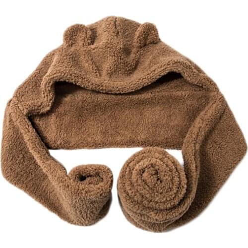 Korean Women Student Winter 2 In 1 Hooded Long Scarf Beanie Hat Cute Bear Ears Thicken Fluffy Plush Earflap Thermal