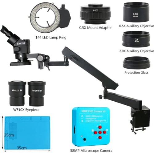 3.5X-90X Zoom Simul Focal Trinocular Stereo Microscope + Industrial 38MP HDMI USB Video Camera + Articulating Arm Pillar Clamp