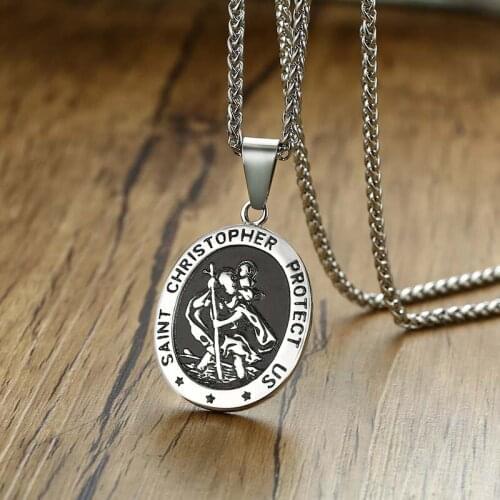 Vintage Mens St. Christopher Necklace Silver Stainless Steel Round Religious Pendant Male necklace