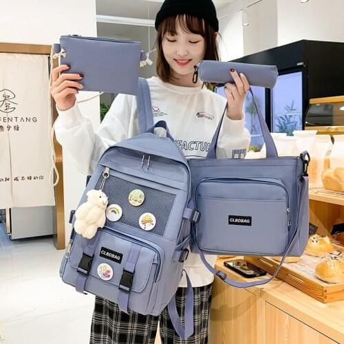 2021 new high-quality canvas schoolbags for teenager girls Korean college style 4 pieces/set womens backpacks big School bag