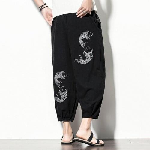 Wide Leg Print Harem Beach Pants 2021 Men Hip-hop Loose Trousers Embroidery Nine-point Pants Streetwear Sweatpants